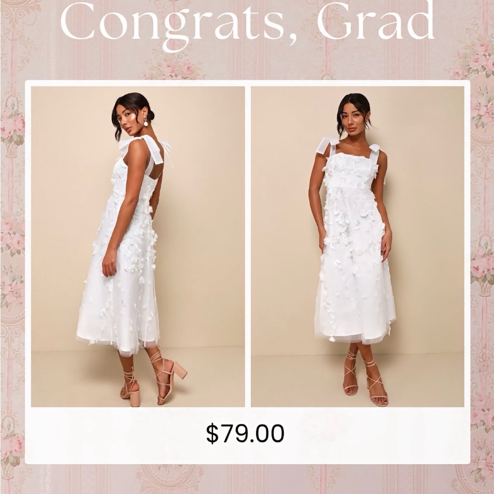 Lulu's White 3D Floral Midi Dress with Tie Shoulder Straps